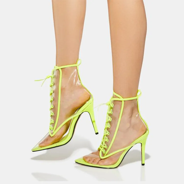 Neon Yellow Green Edge Transparent Lace- Up Ankle Boots Pointed Toe Clear  PVC  High Heel zapatos Woman Runway Shoes