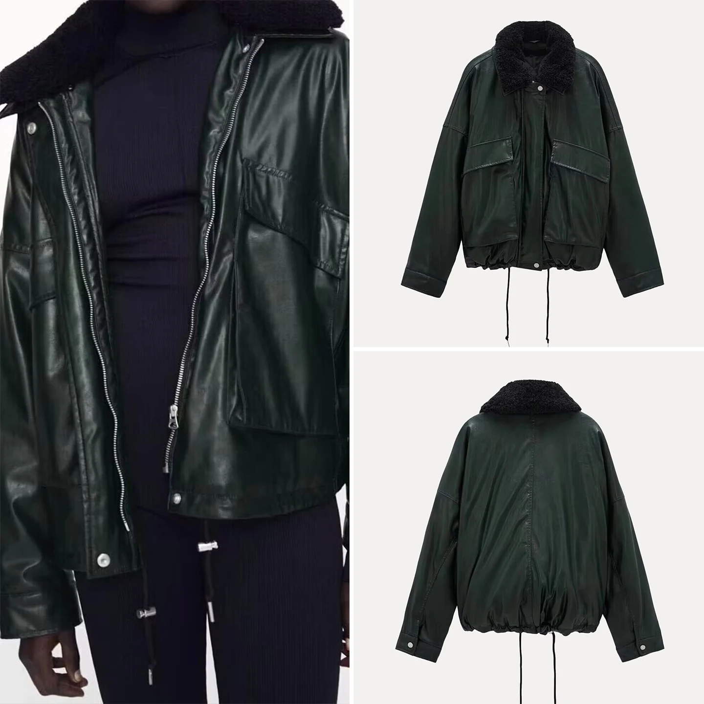 Jaqueta de Couro Fena Estilo Casual com Gola de Pele Removível, E, Juvenil, Manga Longa, Fechamento com Zíper, Com...