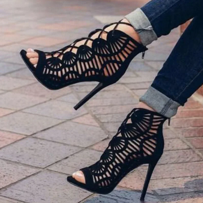 Women Sandals Flock Lace Up 12cm Thin Heels High Heels Peep Toe Cover Heel Women Shoes Sandalias Mujer 2023