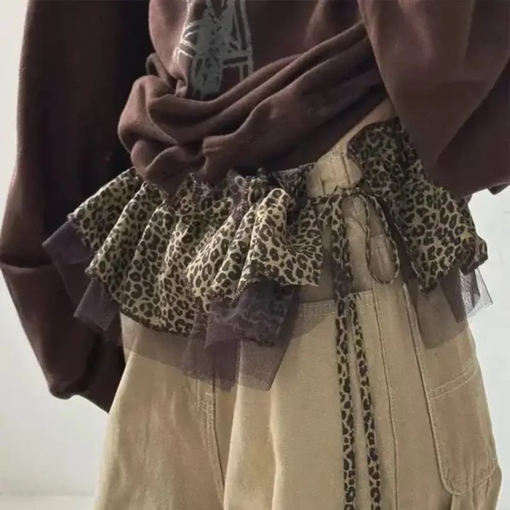 Hip-Hopเสือดาวพิมพ์สะโพกผ้าพันคอกระโปรงเสื้อExtenderตาข่ายRuffled Edgeเข็มขัดหวานY2Kชั้นชุดเข็มขัดกางเกงยีนส์Decor