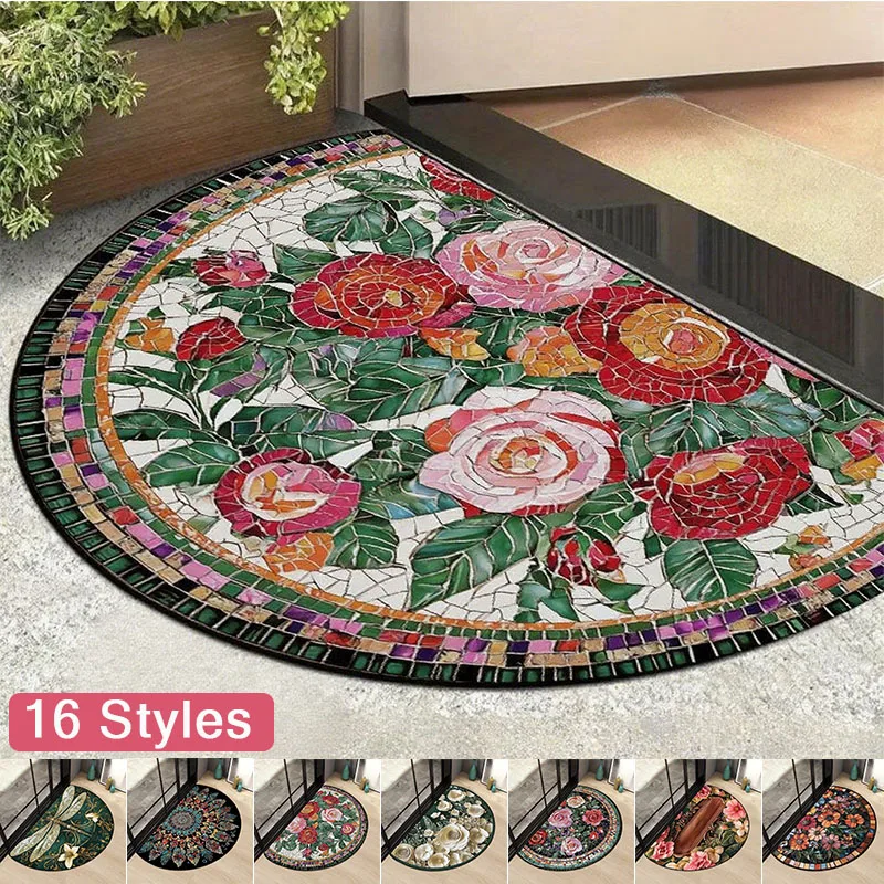 

Retro Floral Circular Welcome/floor Mat - Door Mat, Machine Washable,suitable for Indoor/outdoor-living Room,bathroom Decoration