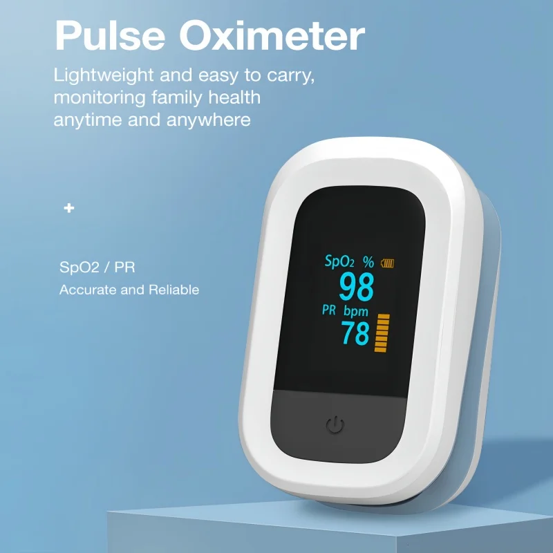 Fingertip pulse oximeter, a medical monitor for quickly measuring blood oxygen saturation.