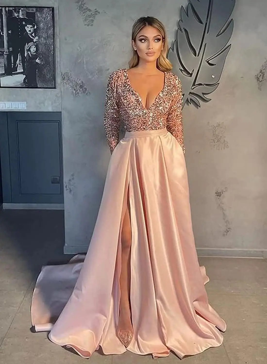 Robe de bal de bal à paillettes scintillantes pour femmes, avec poches, manches longues, robe de soirée formelle en Satin avec fente, élégante pour fête de mariage