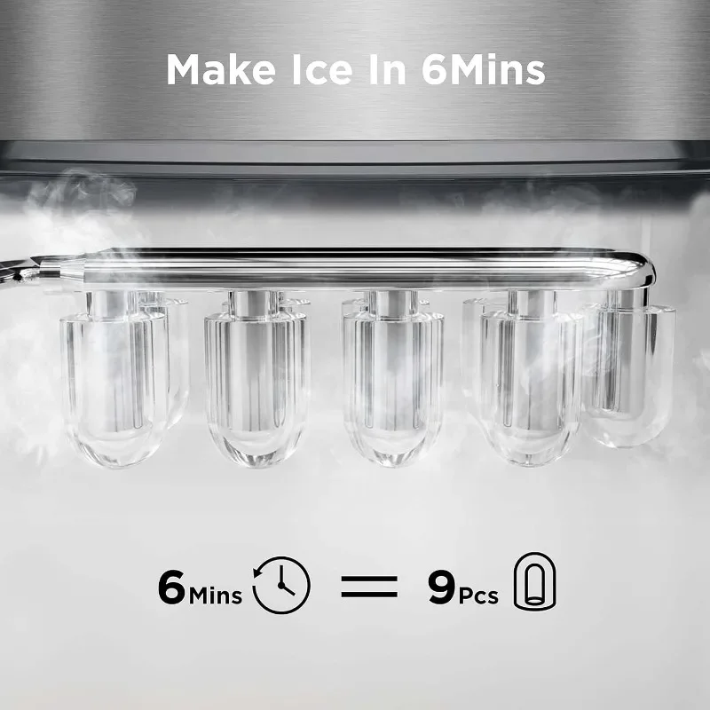 Encimera para hacer hielo, 9 cubos listos en 6 minutos, 26 libras en 24 horas, autolimpiante con cuchara para hielo y cesta, 2 tamaños de Bullet Ice