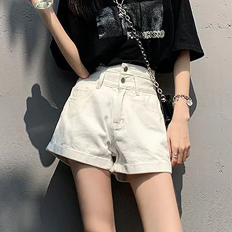 Y2K Denim Shorts Women Summer New White Simple Streetwear High Waist Short Jeans Korean Fashion All Match A Line Denim Shorts