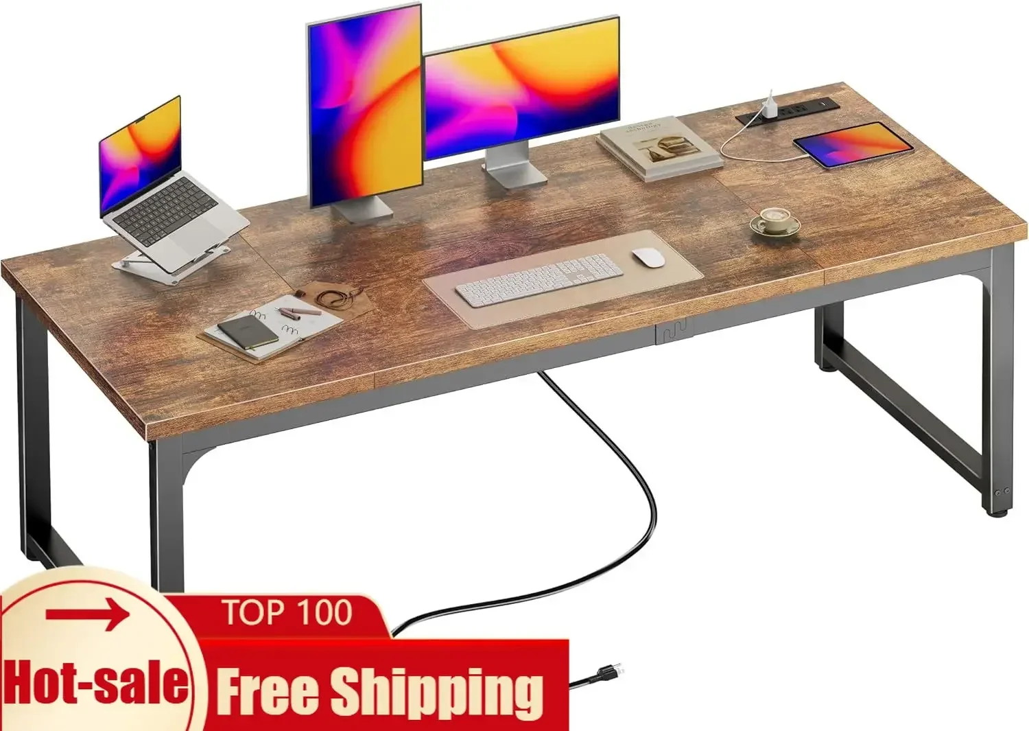 Rustic Brown Heavy Duty Office Desk Deeper Thicker Desktop Robust Metal Tubes Computer Work Gaming Desk Power Outlets USB C For