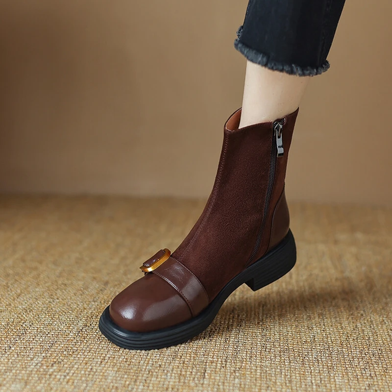 NEW Autumn Women Boots Split Leather Shoes for Women Round Toe Chunky Heel Shoes Zip Belt Buckle Boots Sheep Suede Leather Boots