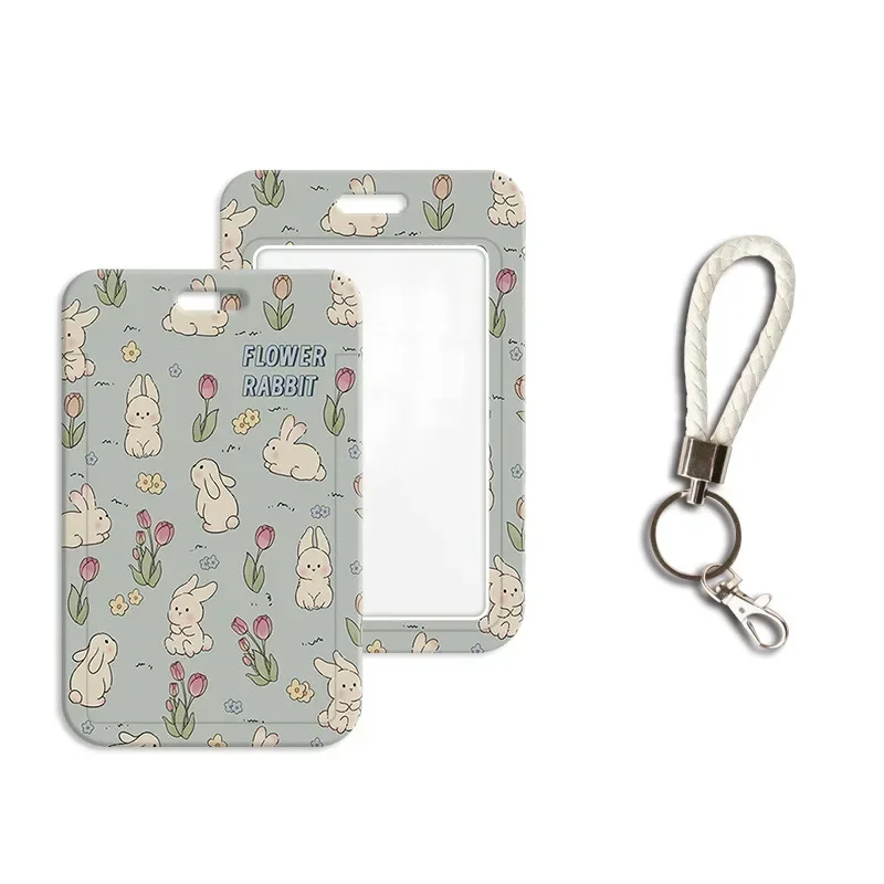 Sweet Bunny Photocard Holder with Lanyard Sweet Cartoon Animal Rabbit Student ID Card Cover Portable Key Ring Bus Card Organizer