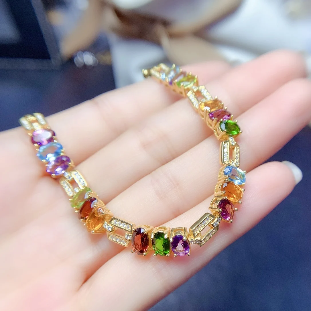 

FS S925 Sterling Silver Natural Crystal Various Gemstones Bracelet With Certificate Fine Charm Wedding Jewelry for Women MeiBaPJ