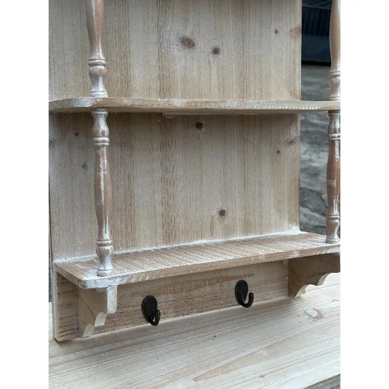 French rural retro carved old solid wood three-layer wall hanging rack storage rack display rack with hook