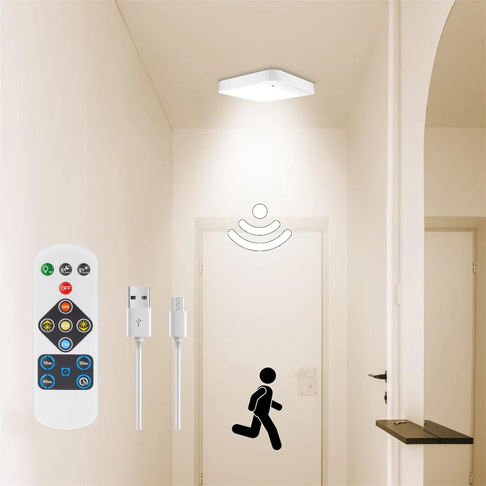 Luz Led de techo de 15CM con Sensor de movimiento, mando a distancia de 3000K/4500K/6500K, recargable por USB para armario, baño, escaleras, pasillo