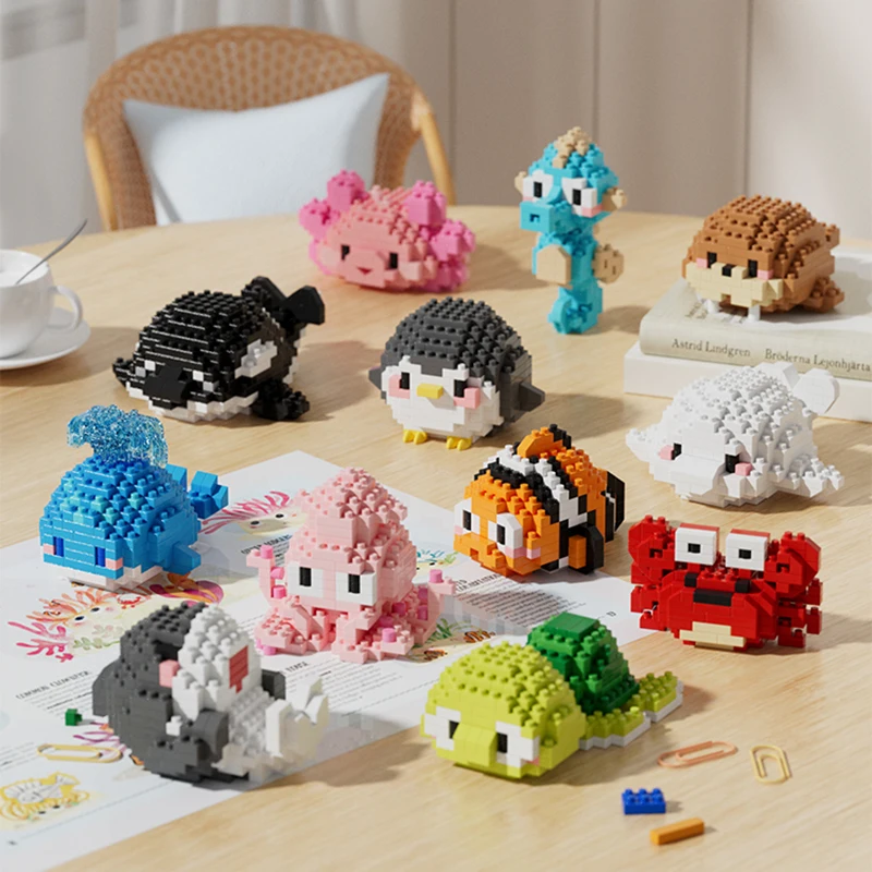 Micro Cute Shark Turtle Crab Sealife Whale Penguin Seal Building Block 3D Model Brick DIY Ocean World Animal Toys Xmas Gift