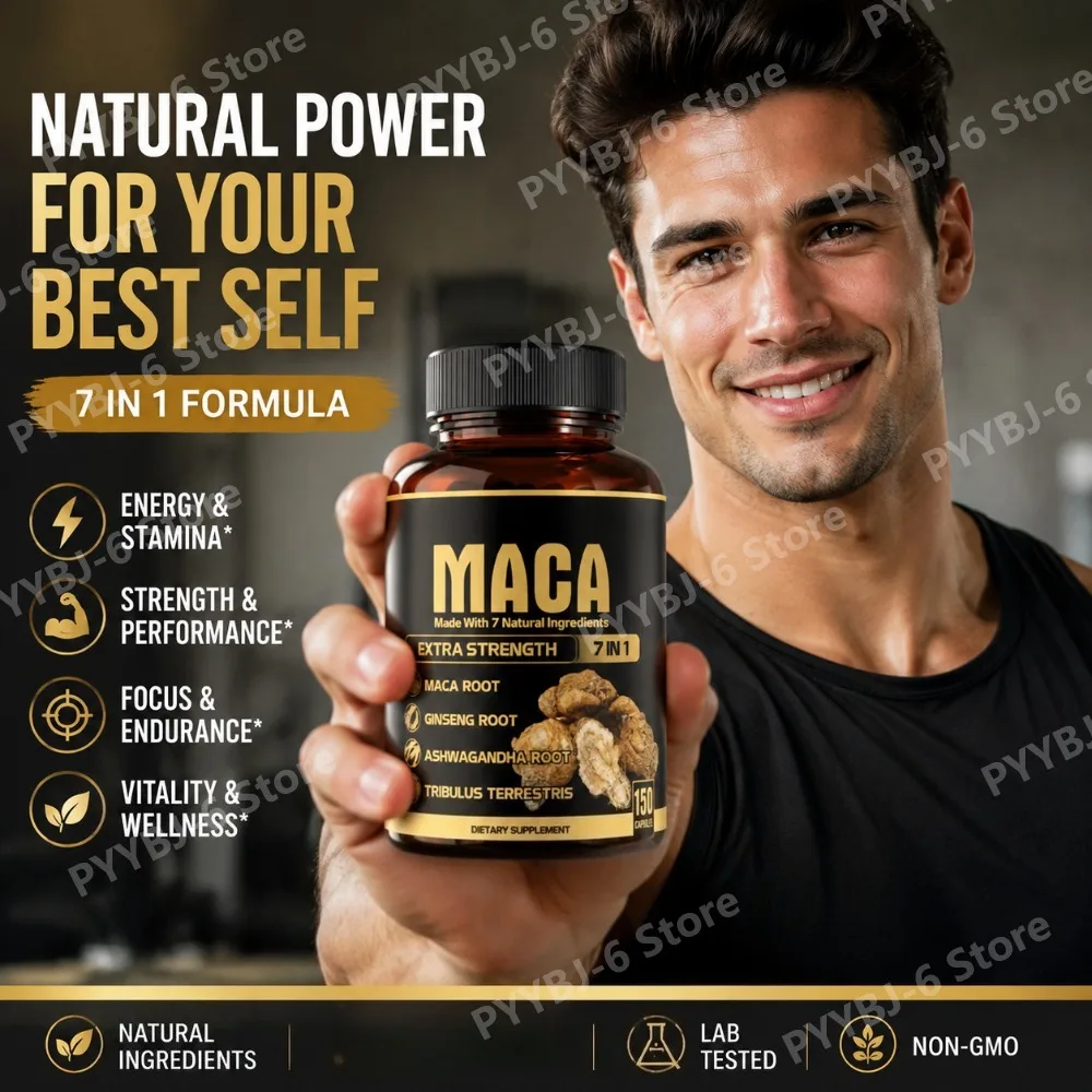

Maca Root Capsules 7in1 with Ashwagandha Ginseng Tribulus Shilajit Black Pepper Energy Mood Performance Immune Support 150 Caps