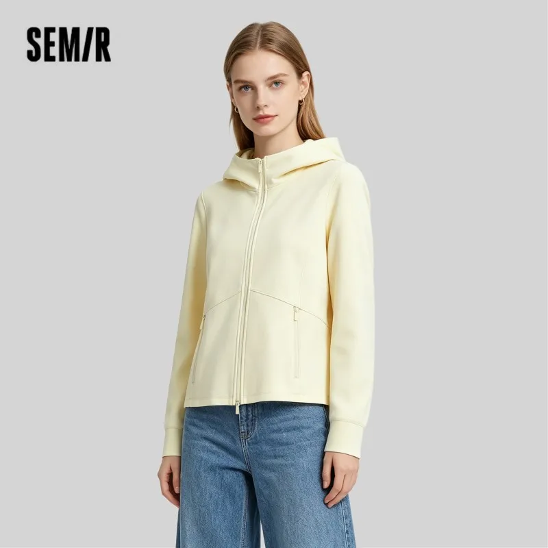 Semir Women Jacket 2026 Spring New Solid Color Fleece Split Slim Hooded Simple Gentle Casual Daily Wear Tops