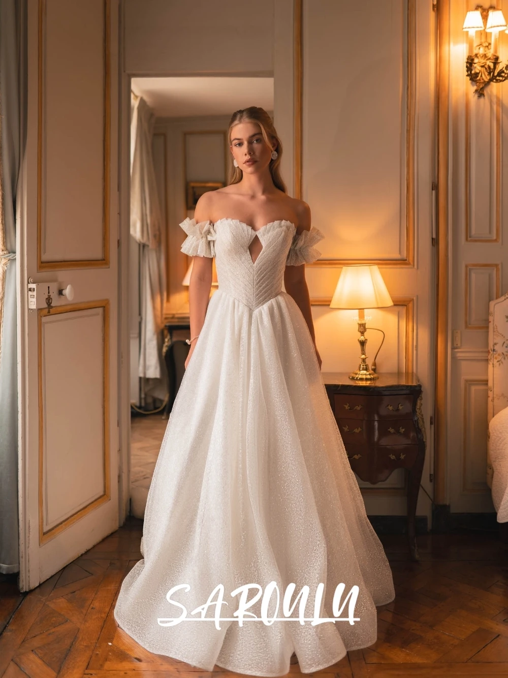 فستان زفاف مكشكش على شكل حرف A لامع، فستان زفاف أنيق مقصوص، مشد رقيق مخصص لملابس العروس، خط عنق على شكل قلب #1