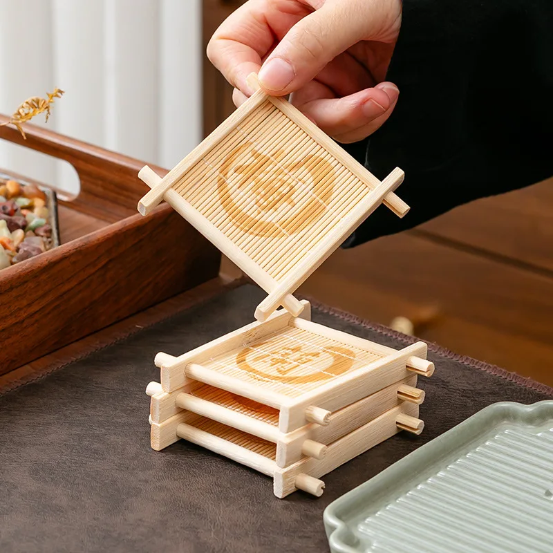 Bamboo Cup Coaster Mat Carbonized Heat Resistant Pad for Tea Cup Wedding Dessert Cake Display Portable Tea Ceremony Tray
