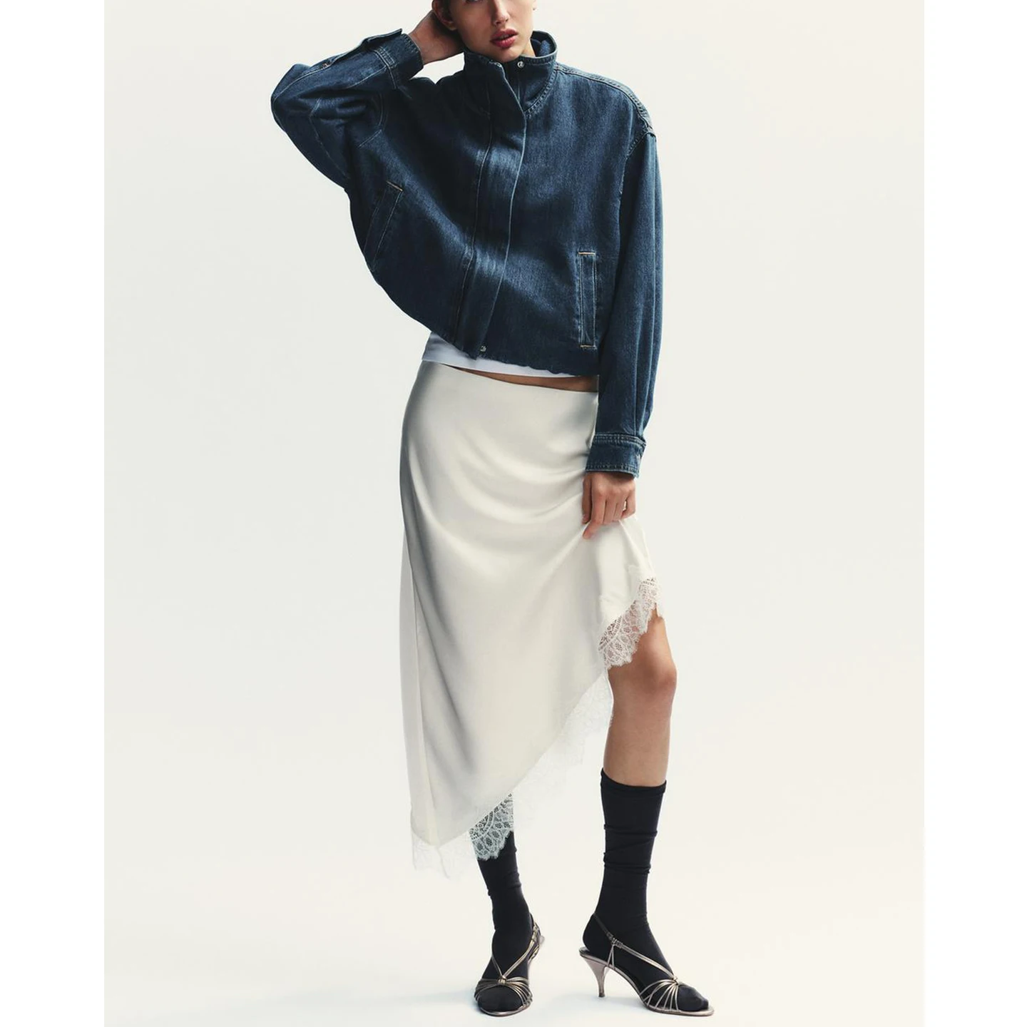 Silk Satin Lace Asymmetric Color Block mid Waist Women's Skirt New Winter Collection City Commute A-Line Slim Fit Style