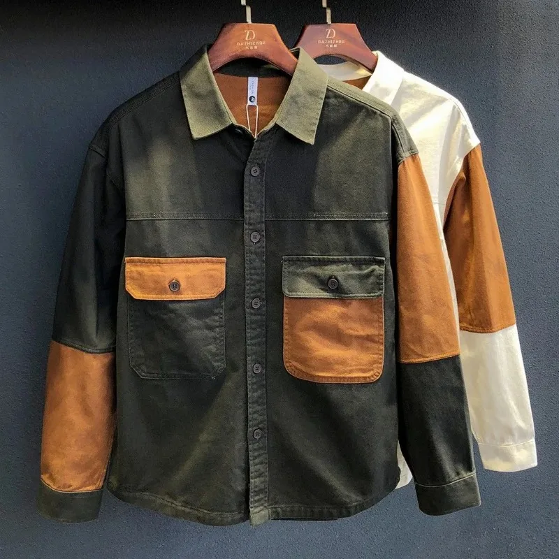 Men's Long-sleeved Work Shirt Retro Spring and Autumn New Casual Loose Splicing Contrast Shirt
