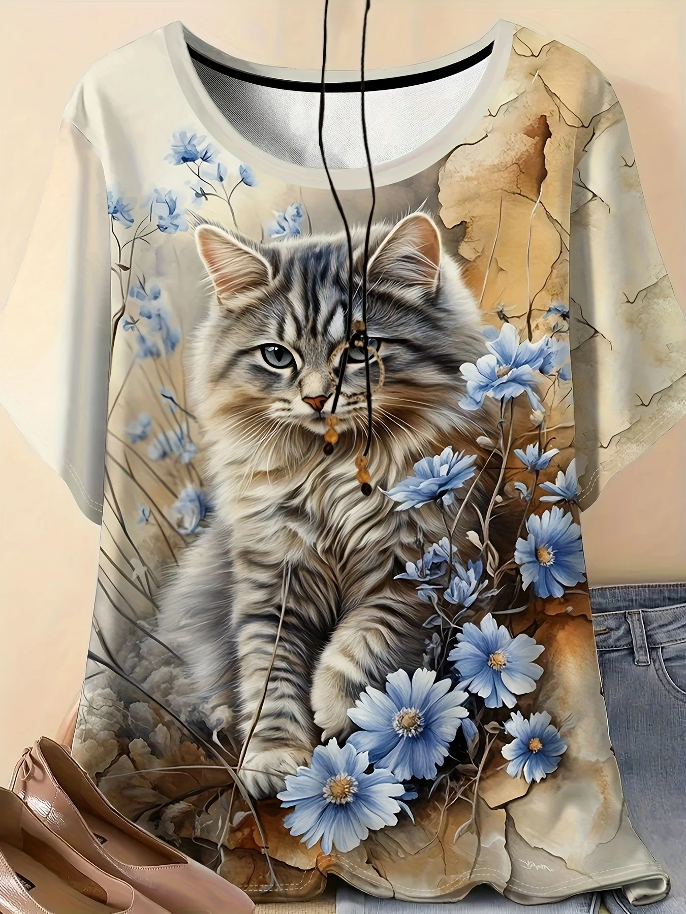 Women Crew Neck Short Sleeve T‑shirt Fluffy Cat Blue Daisy Vintage Floral Art Print Summer Casual Top