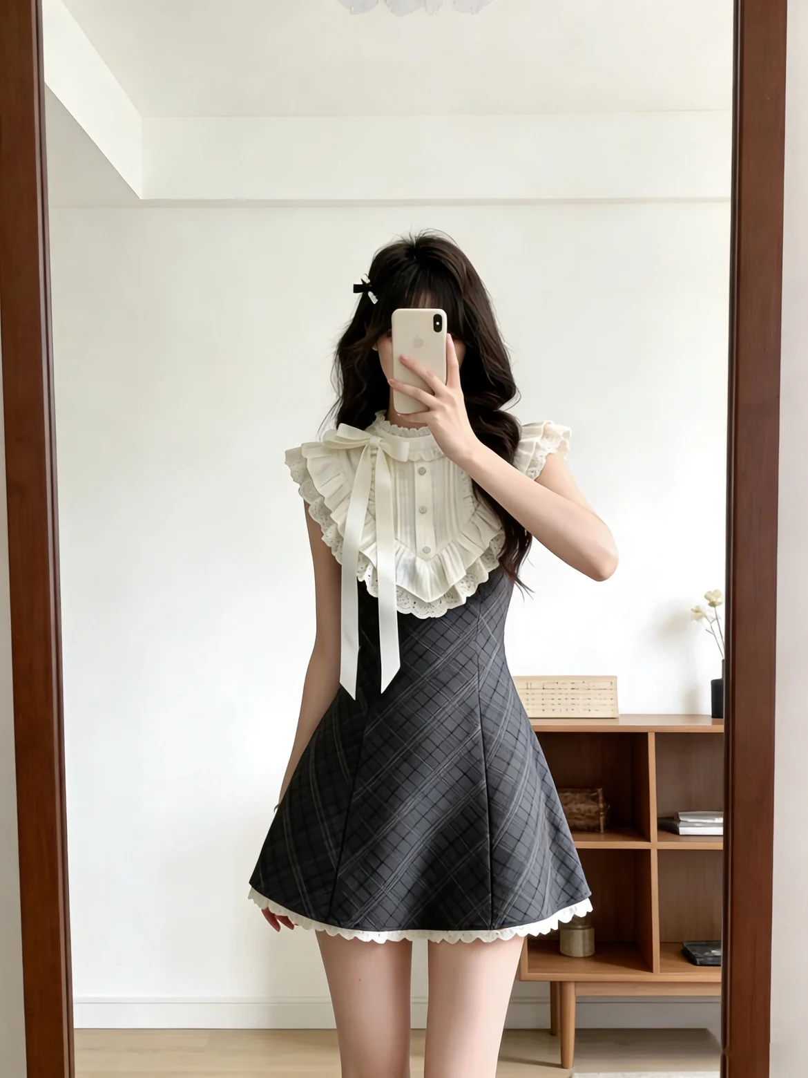 

Elegant Summer Short Skirt with Lace Belted Design No Sleeve Plaid Splicing Vintage Tea Break Style for Women City Commute