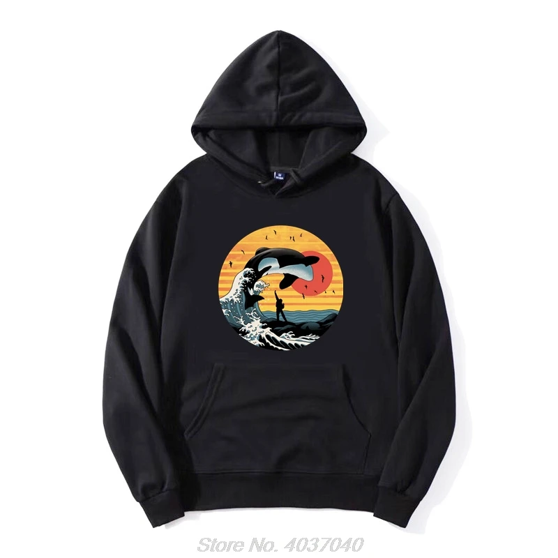 Killer Whale Full Moon Hoodie Kanagawa Surf Orca Willy Seaworld Vintage Retro Movie Save Animal Willy Hoody Funny Sweatshirt