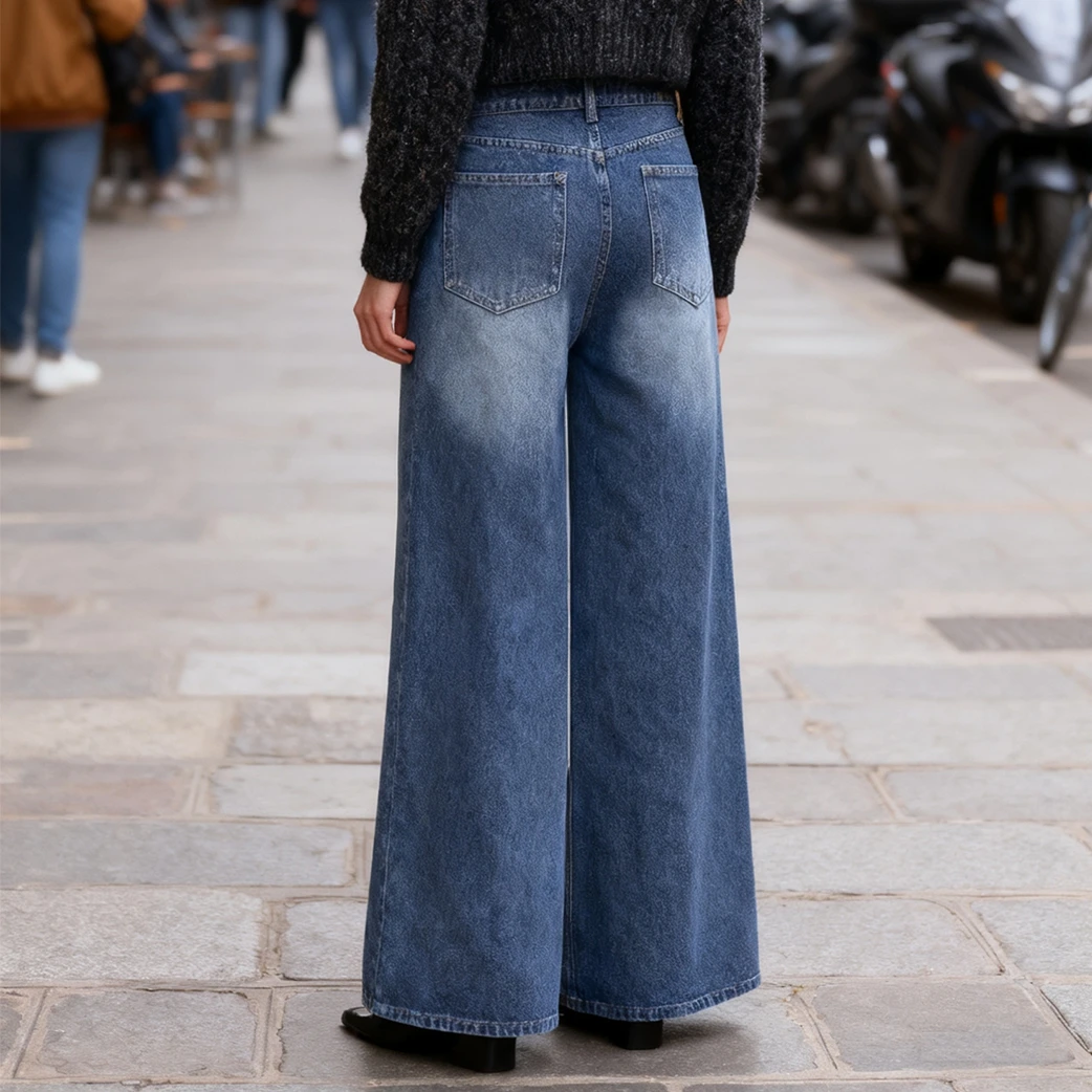 Jean taille haute en Polyester bleu à jambes larges pour femmes, avec fermeture à double bouton, poches avant, pantalon en Denim à jambes larges