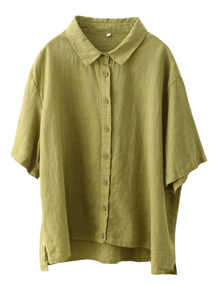 

Linen ort Sve irt Women Summer Sle Turn-down Collar Slimming Pure Color Casual Loose Fit Ne Top