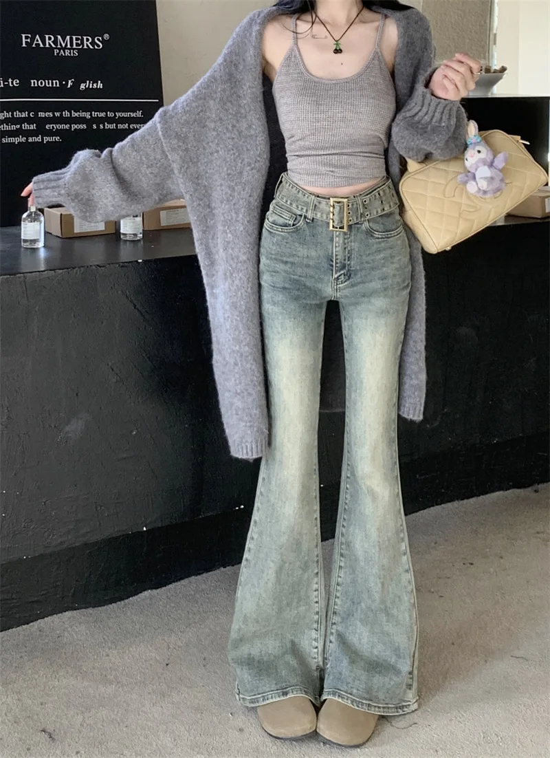 H.sa H.sa 2024 spring new Korean hot girl slimming high-waisted light blue stretch slit flared jeans