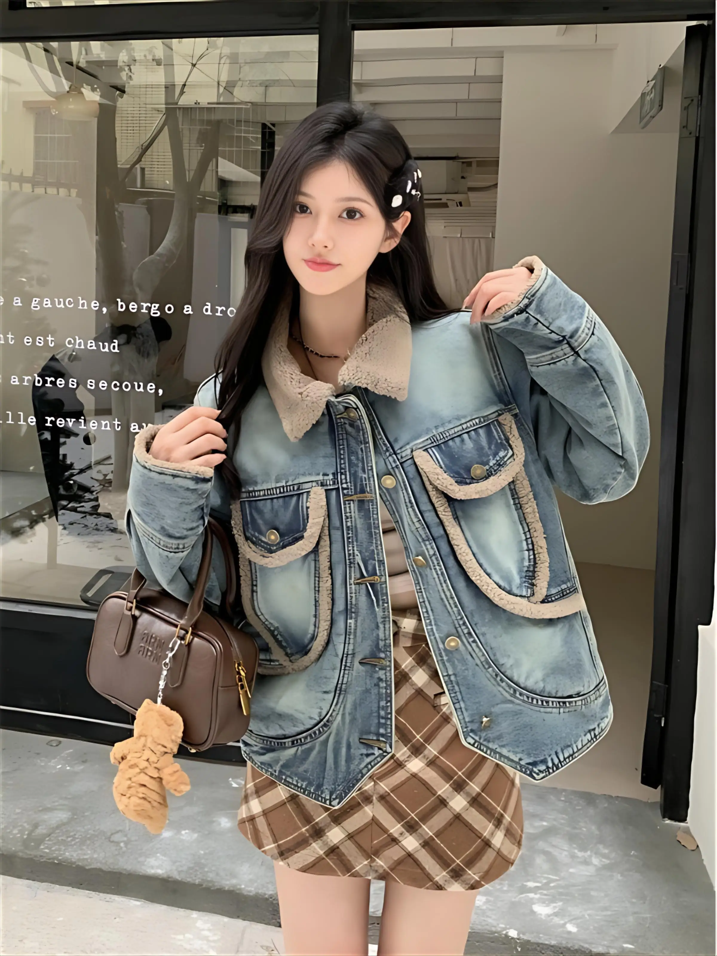

Denim Coats Woman Diamond Fur Plush Womens Winter Velvet Quilted Buttoned Slim-Fit Outwears Urban Social Gathering Jackets Femme