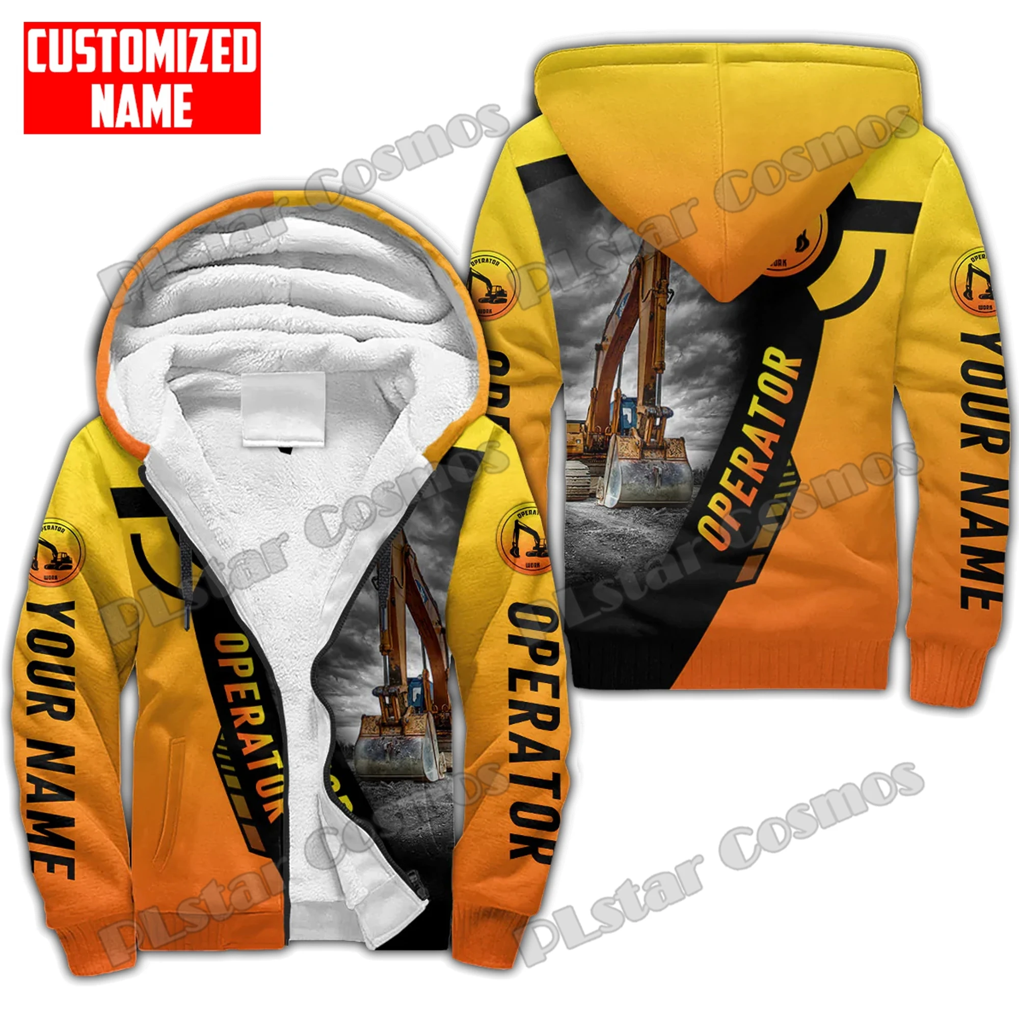 Personalized Name Excavator 3D Printed Fleece Zip-Up Hoodies For Men Women Winter Casual Thick Warm Hooded zipper jacket JR16