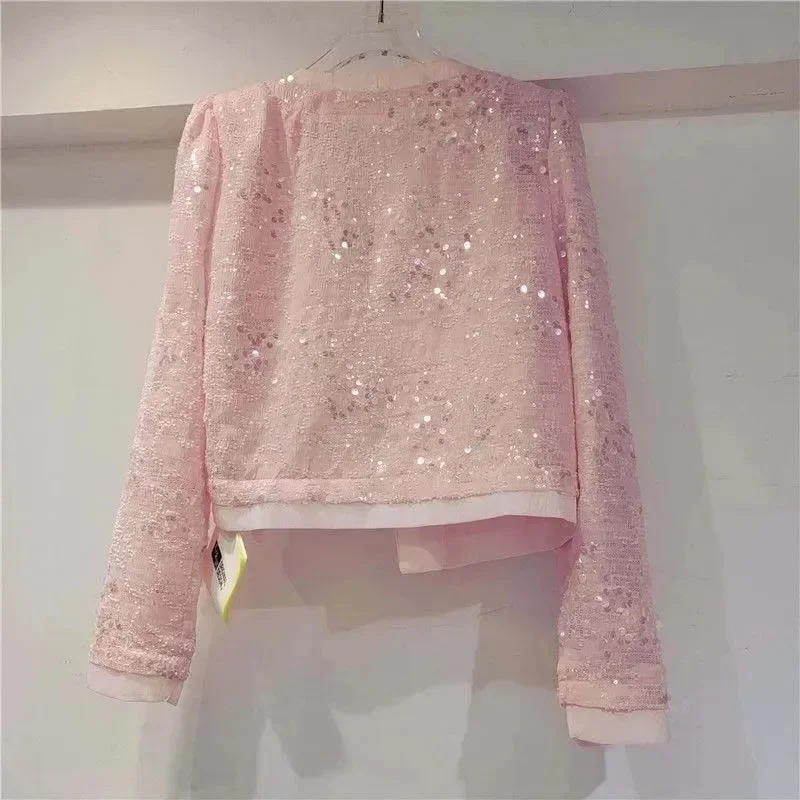 Women's Korean Outerwear Cardigan Splicing Sequin Jacket 2024 autumn Female Long Sleeved Stylish Socialite Versatile Slim Jacket