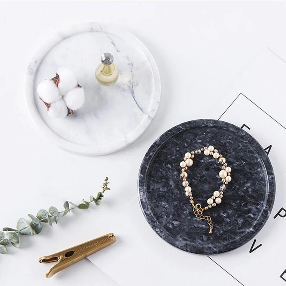 Prato de joias com anel de mármore branco acinzentado, bandeja decorativa elegante para brincos, armazenamento, cômoda, presente, prato de joias de mármore