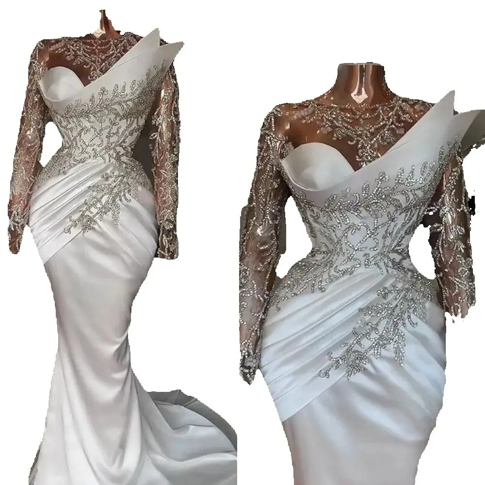 Elegant White Wedding Dresses Long Sleeveless O-neck Crystals Mermaid Floor Length Illusion Sexy Shiny Women Banquet Gowns