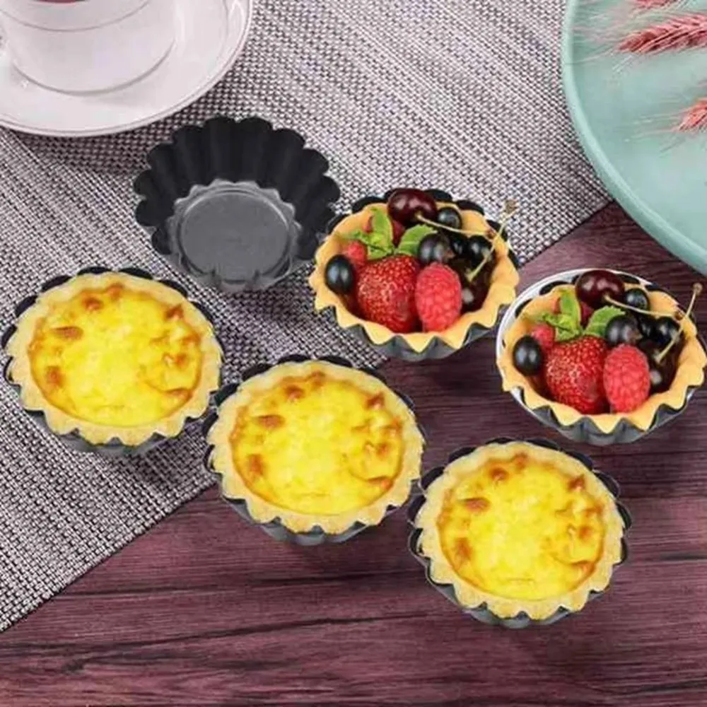 New Carbon Steel Egg Tart Pan Non-Stick Fluted Edge Pie Baking Mold Stackable Removable Bottom Mini Tart Mold Dessert Making