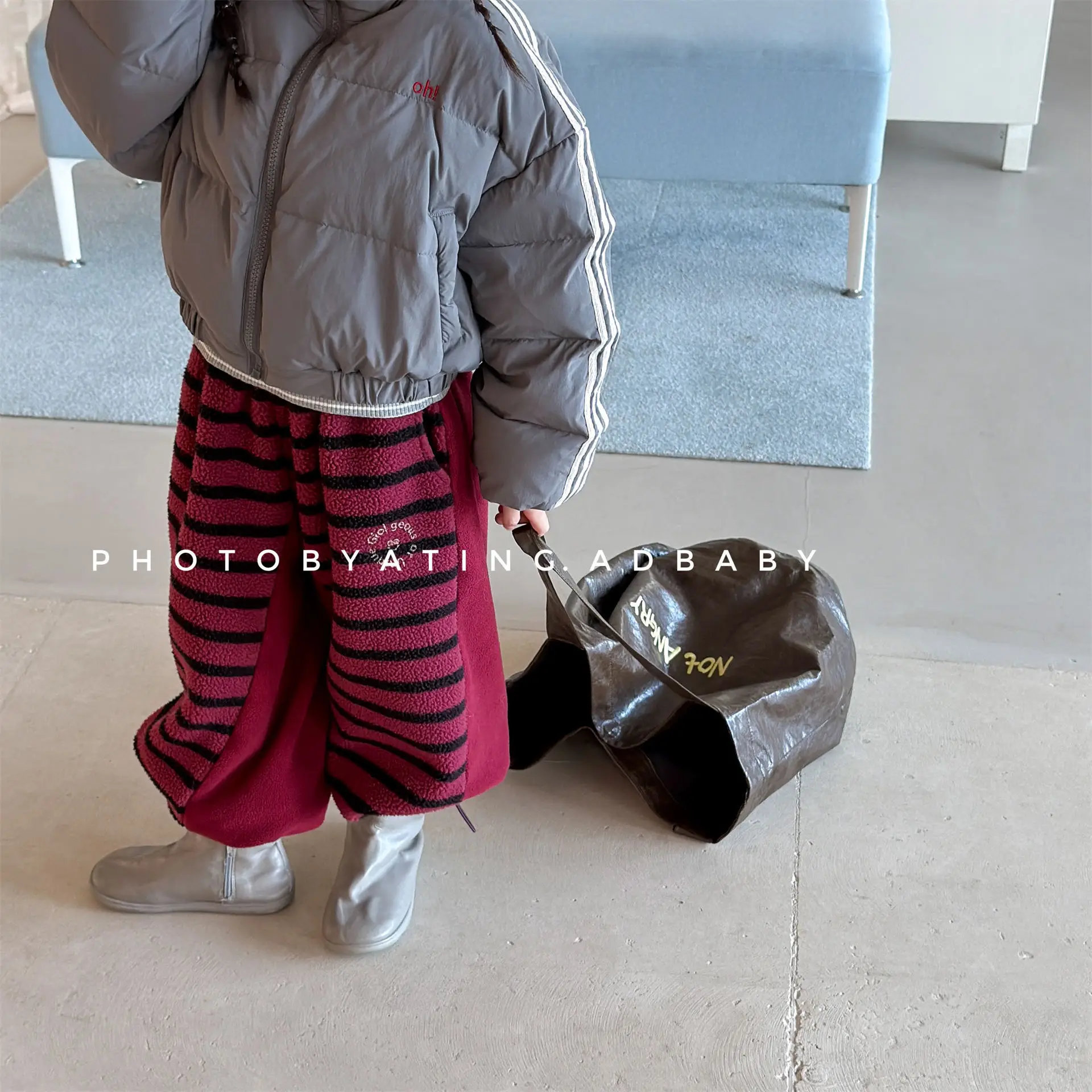 Children Striped Pant 2026 New Children's Clothing Girls' Korean Lamb Velvet Pants Boys' Autumn Winter Sport Pants 4