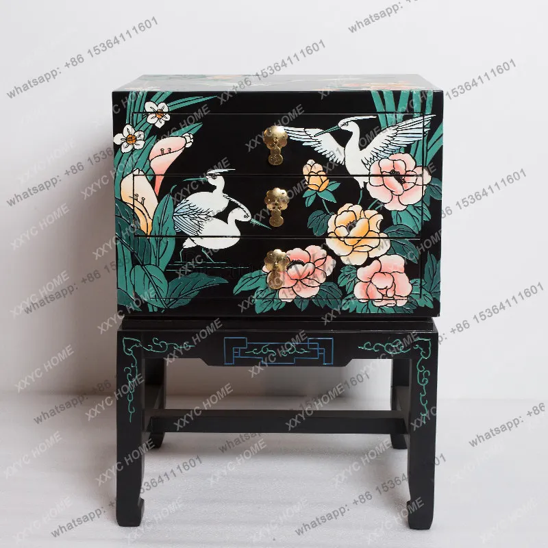 PG-lacquer new Chinese furniture engraved flowers and birds three draw a few cabinets bedside table modern simplicity