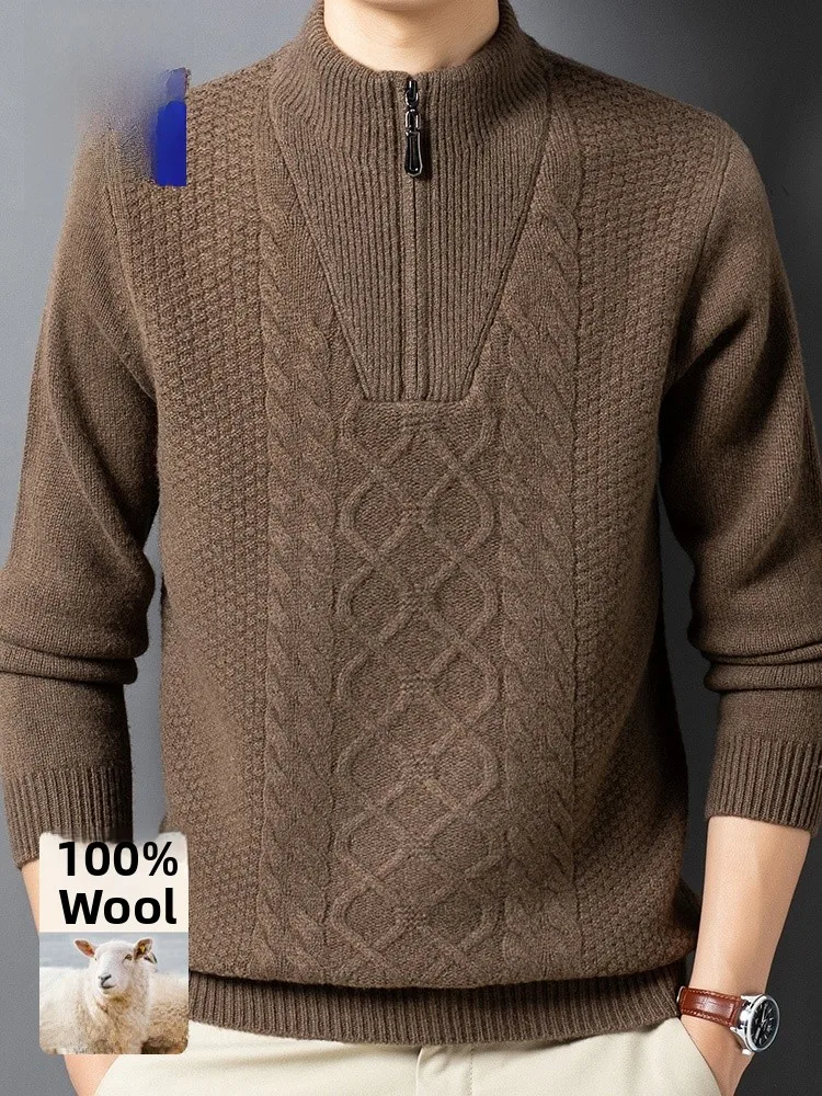 

Свитер Rn Thiened с высоким воротником, 100% шерсть, вязаный, осенне-зимний, новый, на молнии, для мужчин среднего возраста, элитная одежда...