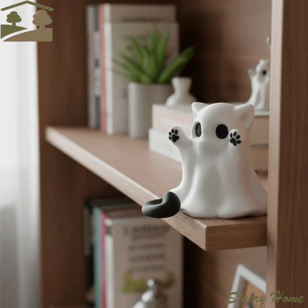 Spooky 3D-printed Halloween Kitten Ghost Ornament Hand-Raising Posture Plastic Ghost Cat Ornament Mini Ghost Cat Figurine Gift