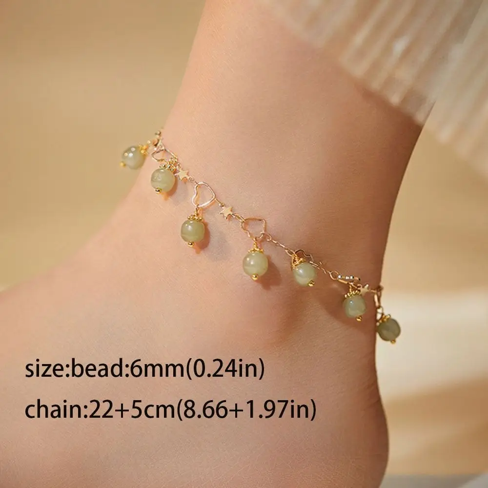 Chinoiserie Vintage Elegant Imitation Jades Pendant Anklet Premium Texture Light Green Agates Beads Strand Anklet