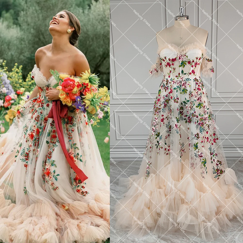 Robe de Mariée Bouffante en Tulle et à Épaules Dénudées, Personnalisée, avec Superposition de Fleur, pour Patients