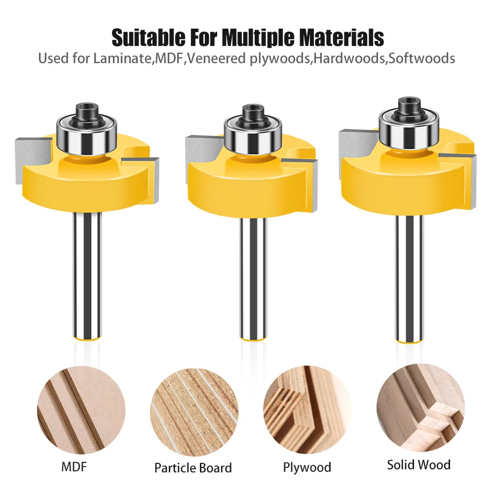 8mm Shank T-Slot Rabbet Router Bit T-Track Slotting Bit Milling Cutter with 10 Bearings Set Multiple Depths Woodworking Tool