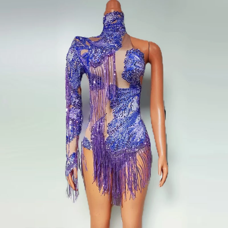 セクシーなポールダンス衣装女性ゴーゴーダンサー衣装片袖ラインストーンフリンジボディスーツハロウィンステージパーティードレス XS9994