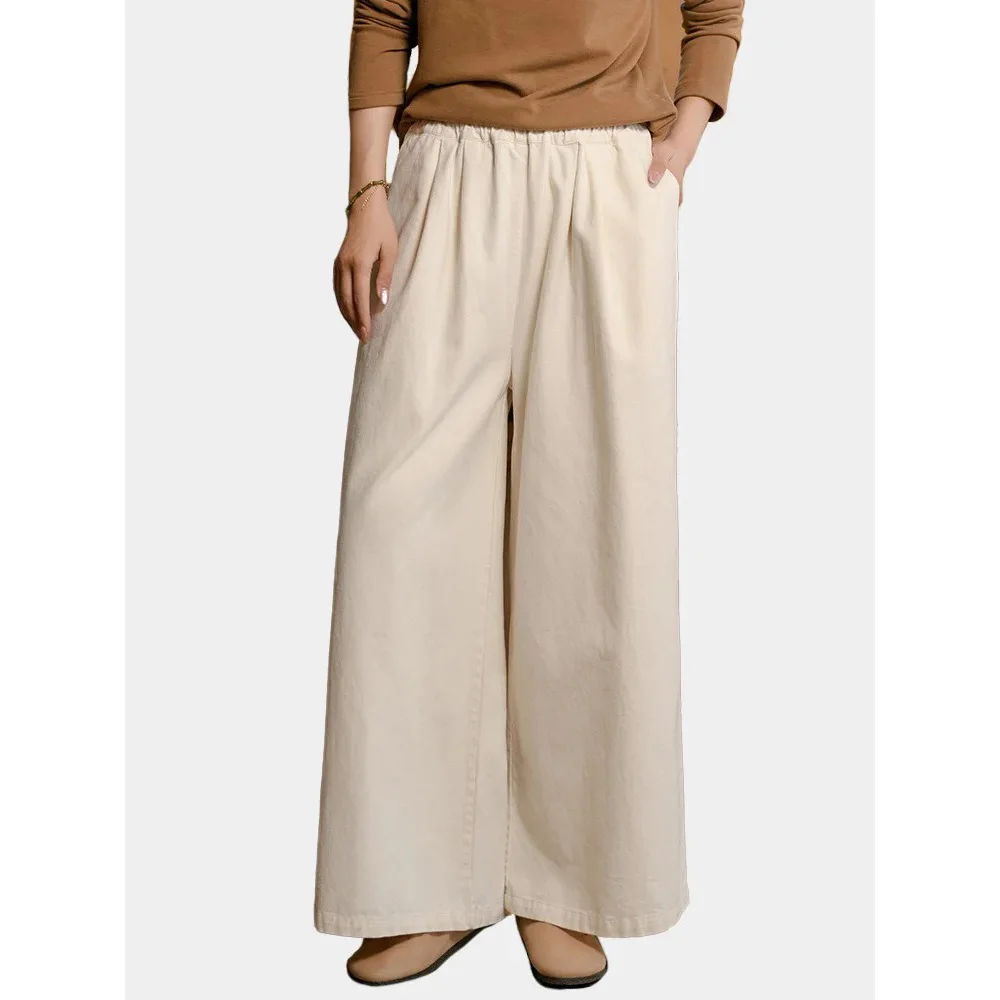 

Casual Cotton Wide Leg Pant Women Elastic High Waist Pull On Trousers