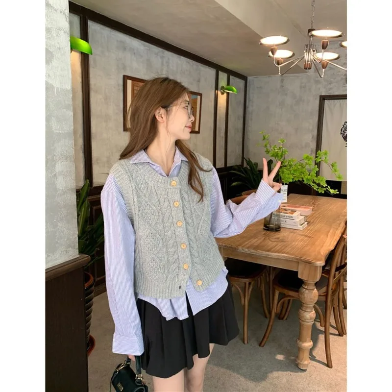 Women Autumn Winter Loose Button Solid Color Vest Knitting Women's All-match Striped Two-piece Set Long Sleeve Loose Sweet Top