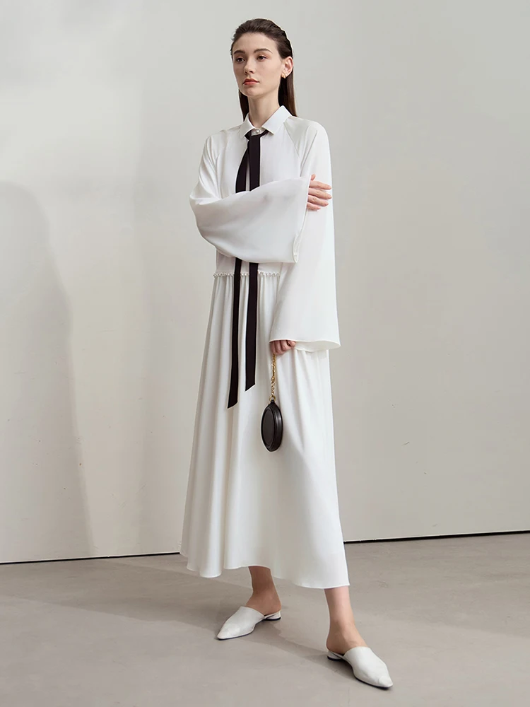 AMII فساتين نسائية 2025 خريف جديد فضفاض أنيق ملابس السيدات كم طويل عادية ألف خط الشيفون الدانتيل متابعة فساتين طويلة12553053