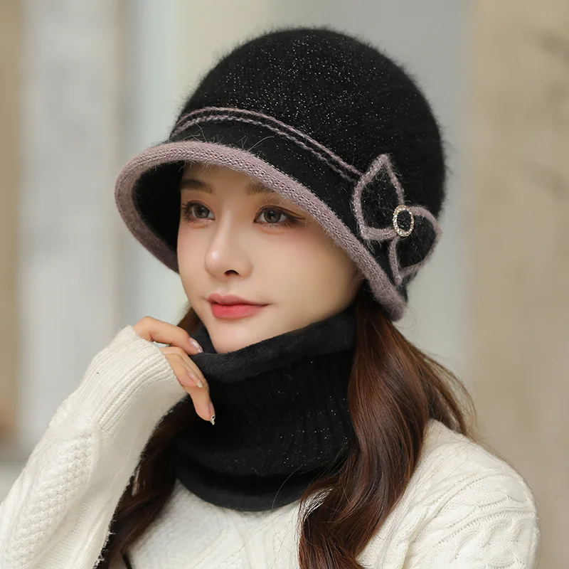 أزياء المرأة فيدوراس الماس القوس القبعات الدافئة أنيقة الصوف وسميكة الأم قبعات منديل قطعتين مجموعة لخريف شتاء