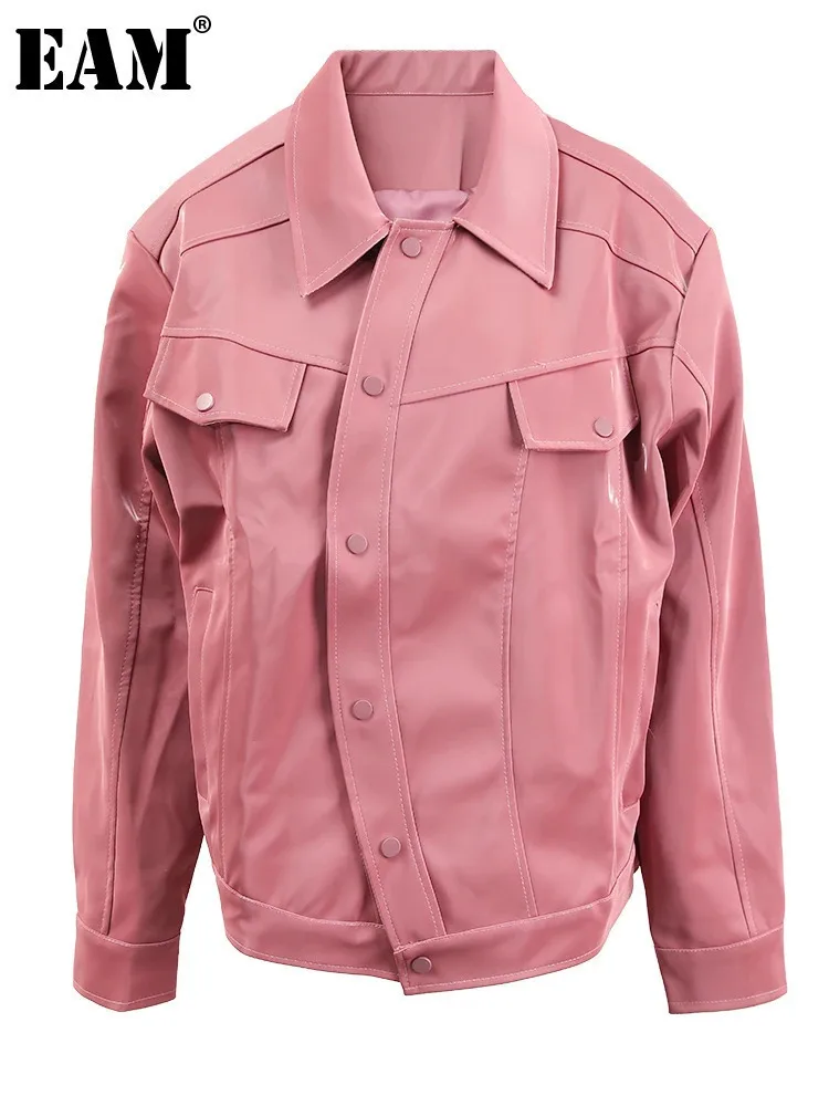 

[EAM] pink Color Irregular Button Big Size Leather Jacket New Lapel Long Sleeve Women Coat Fashion Spring Autumn 2024 CPG1266