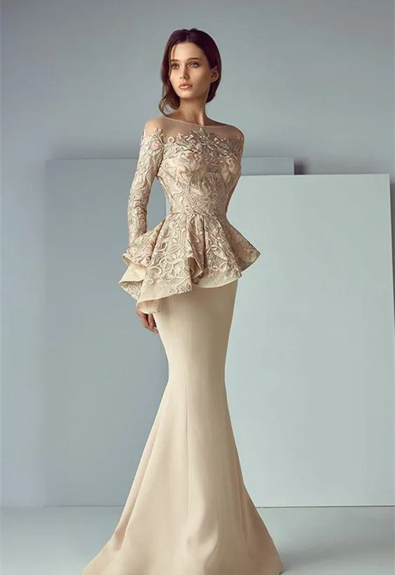 

Dubai Arabic Champagne Lace Stain Mermaid Mother of the Bride Dresses Long Sheer Neck Full Sleeve Elegant Evening Formal Gowns