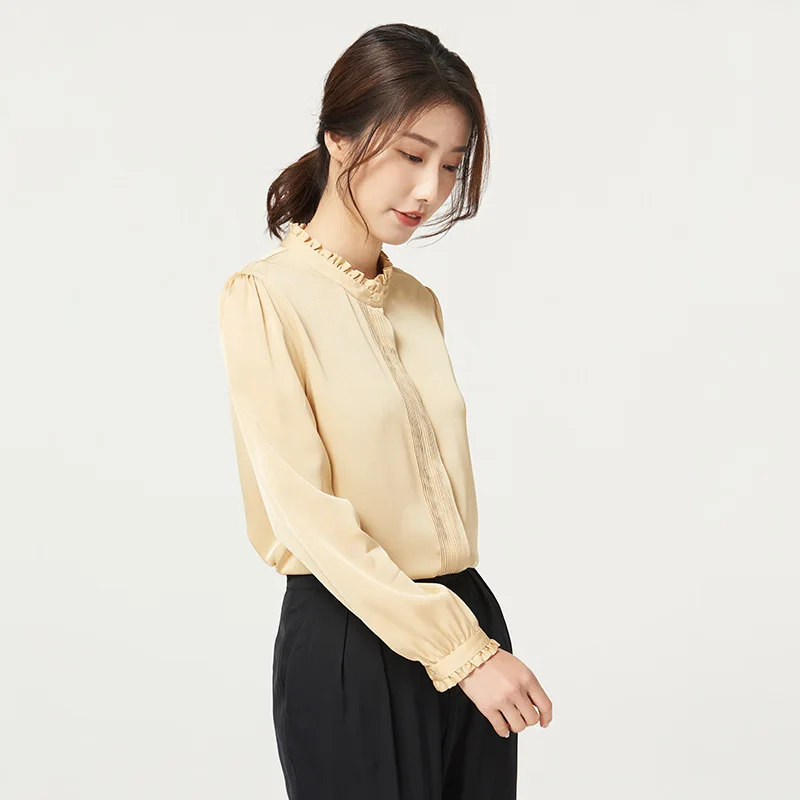 Birdtree 23MM 93% Silk 7% Spandex 2023 Spring Autumn Shirt Women's Ruffled Stand Neck Long Sleeve OL Commuter Blouse T39252QC