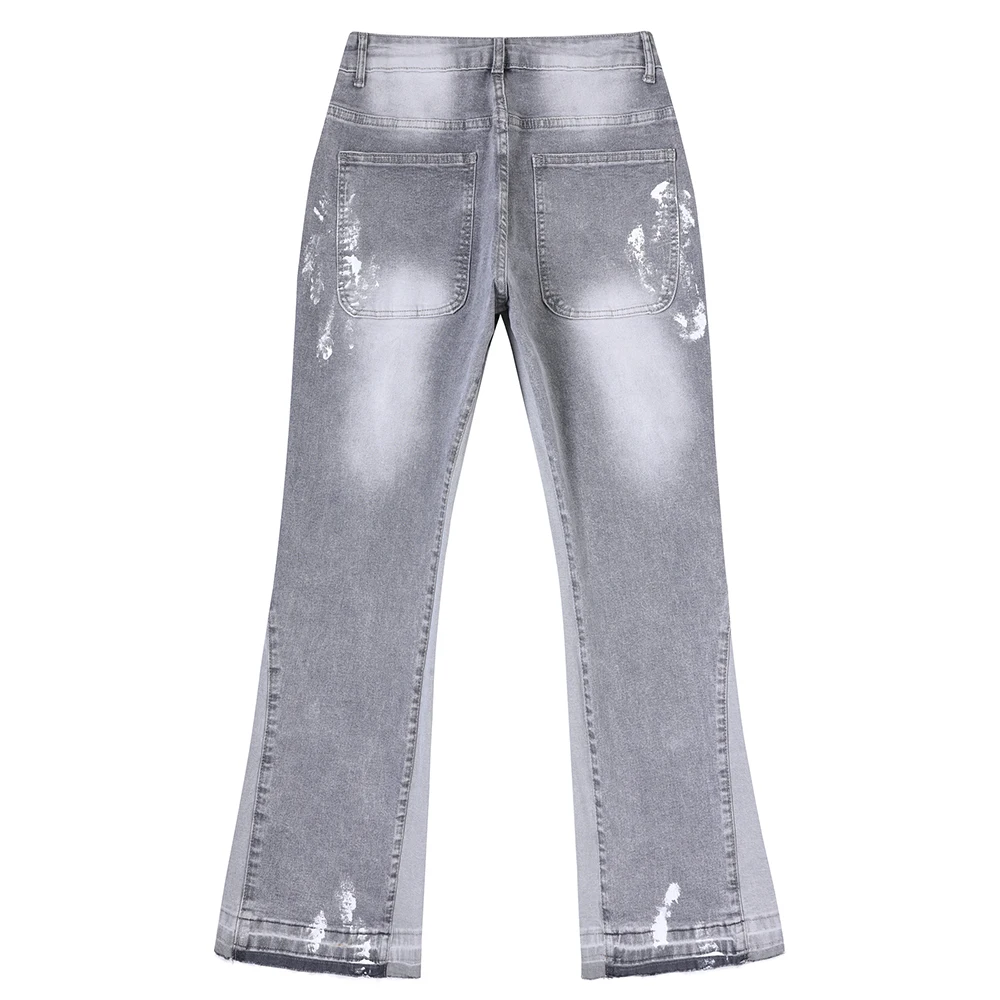 Men Painted Flared Denim Jeans Spliced Slim Boot Cut Pants Vintage Grey Cotton Released Hem Trousers